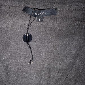 NWOT GUCCI silk ash brown knit top with neck tie and bell like sleeves sz L